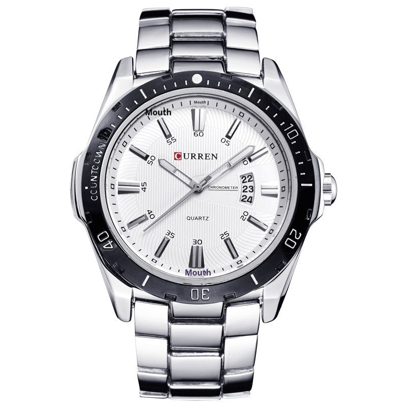 Silver wristwatch with a white face on a white background