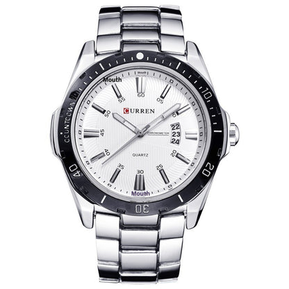 Silver wristwatch with a white face on a white background