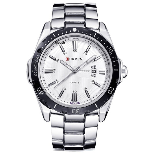 Silver wristwatch with a white face on a white background