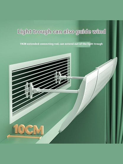 Wind-guiding hood with extended light trough, white perforated panel for air vents