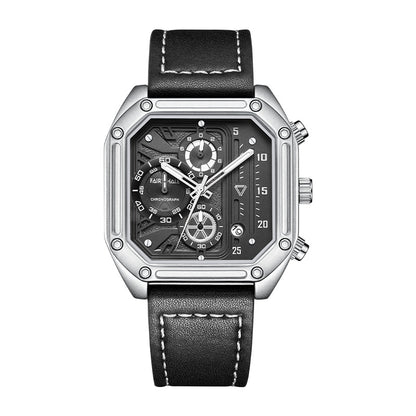 Black wristwatch with silver case and leather strap on a white background