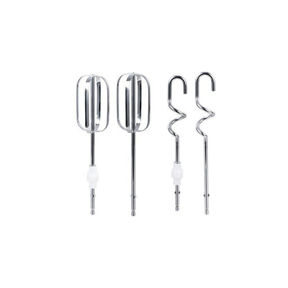 Four chrome mixing attachments: beaters and dough hooks with white shafts