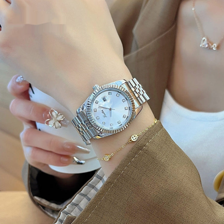 Women's stainless steel quartz watch with silver link bracelet and white dial