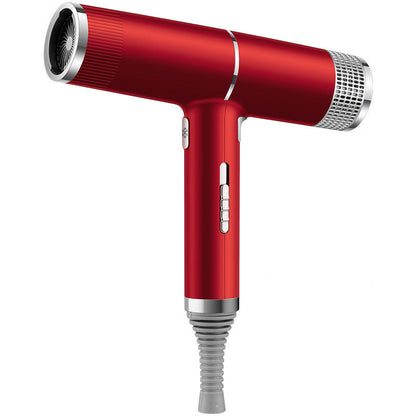 Red hair dryer with silver accents on a white background, featuring the 'UK' logo.