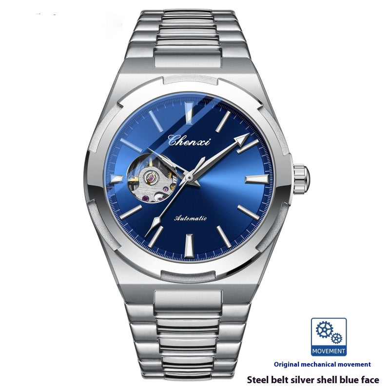 Silver watch with blue face on a white background