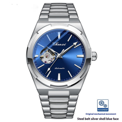 Silver watch with blue face on a white background