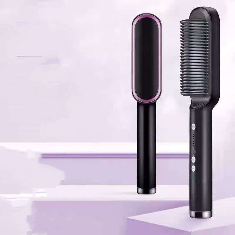 Black hair styling tool with pink accents on a white background