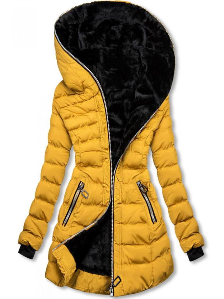 Hooded quilted cotton jacket, mustard yellow with black faux-fur hood lining and zip pockets