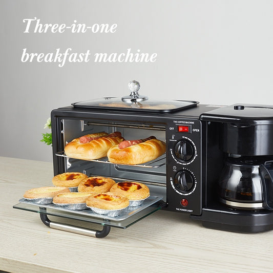 Three-in-one breakfast machine with baked goods and coffee maker on a table.