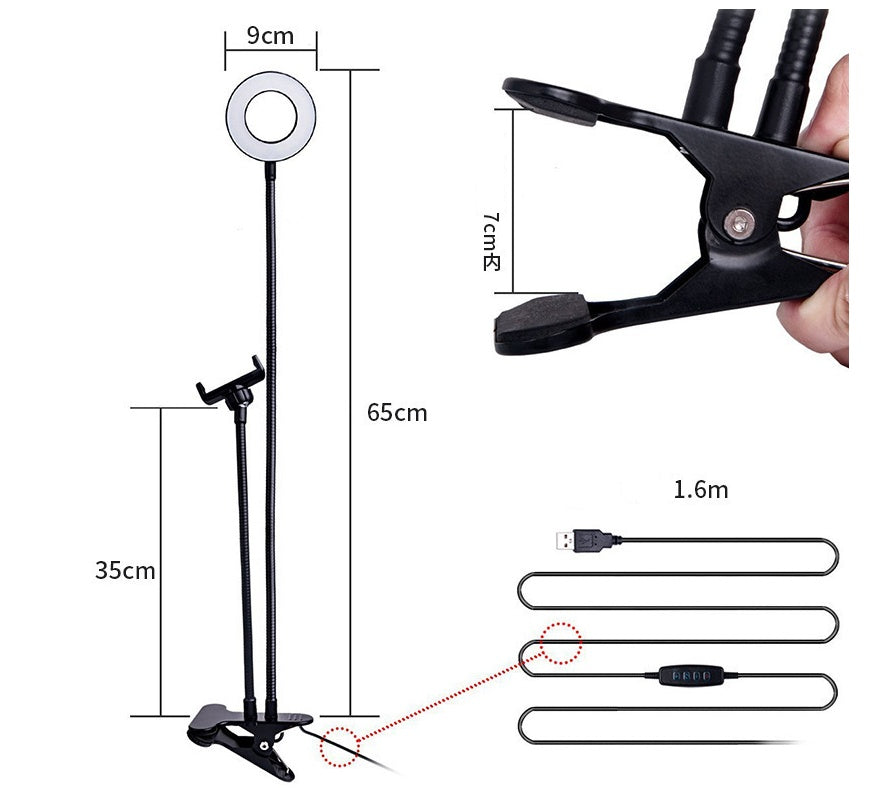 Adjustable black LED ring light stand with phone clamp and USB power cable