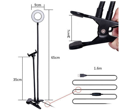 Adjustable black LED ring light stand with phone clamp and USB power cable