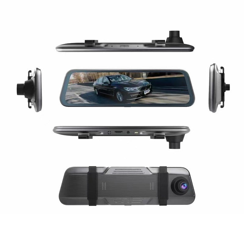 Car dashboard camera and mirror monitor with multiple views on a white background