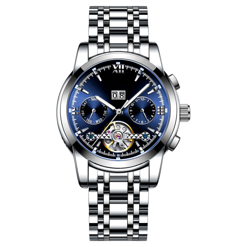 Mechanical watch with silver metal bracelet, blue dial, subdials and date window