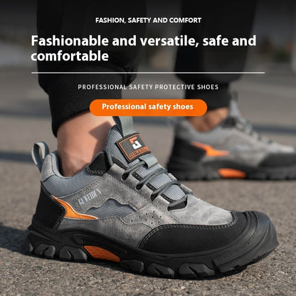 Gray and black safety shoe with orange accents on a road, promotional text about safety shoes.