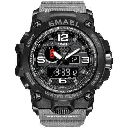 Black digital watch with multiple time zones on a white background