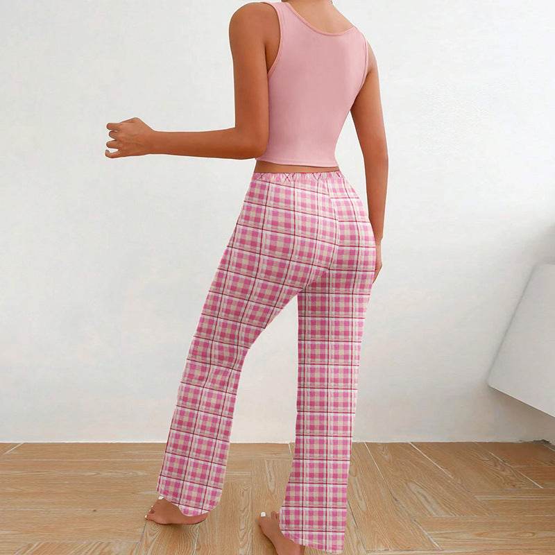 Spring Summer Women's Casual Pajamas Home Wear Vest Color Matching Plaid Trousers Letter Print Top Ladies 2 Pcs Home Clothes Sleepwear - YAXSO