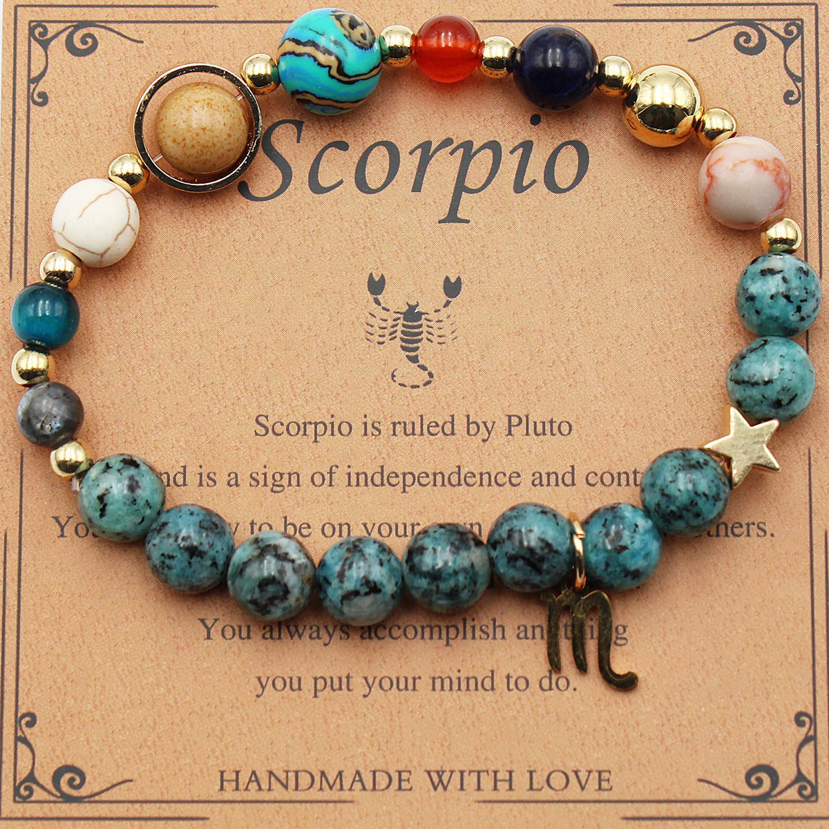 Scorpio zodiac stone bracelet with teal beads, gold tone accents, star charm, round pendant