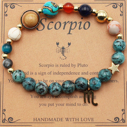 Scorpio zodiac stone bracelet with teal beads, gold tone accents, star charm, round pendant