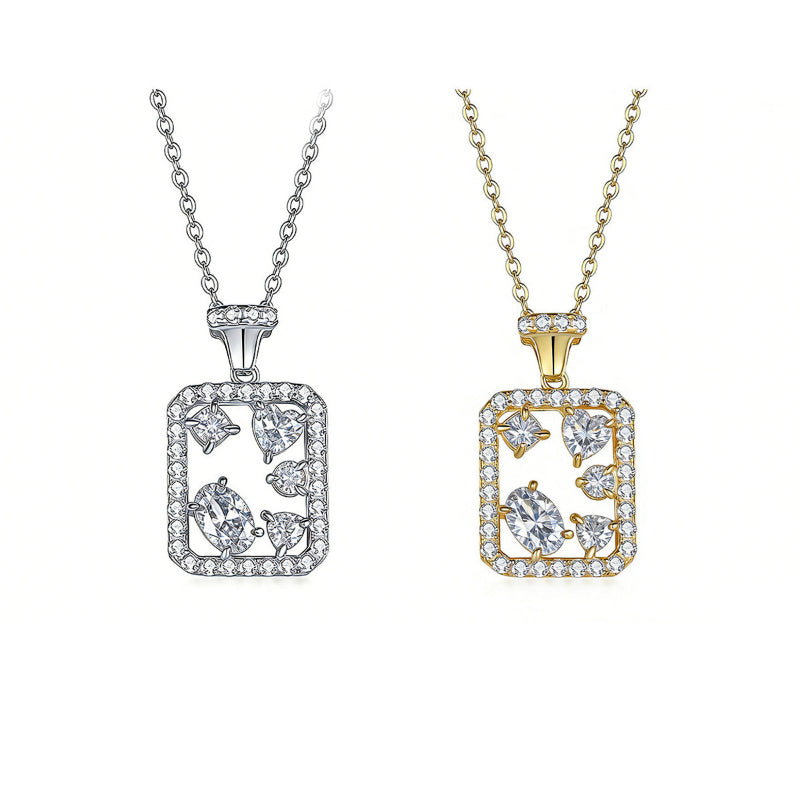 S925 sterling silver geometric rectangle necklace featuring mixed-cut D Color VVS1 moissanite stones with pave halo border in silver and gold finishes