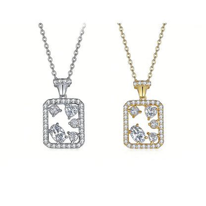 S925 sterling silver geometric rectangle necklace featuring mixed-cut D Color VVS1 moissanite stones with pave halo border in silver and gold finishes