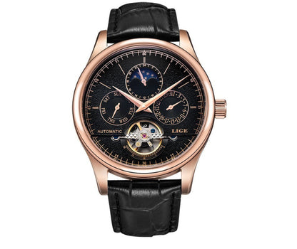 Luxury watch with black leather strap and rose gold case on white background