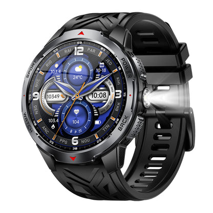 Black smart watch with round digital display and blue-tinted sport interface