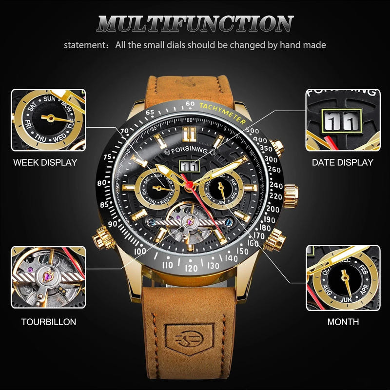 Forsining automatic mechanical watch with tachymeter bezel, subdials, date window, tan strap