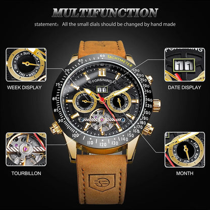 Forsining automatic mechanical watch with tachymeter bezel, subdials, date window, tan strap