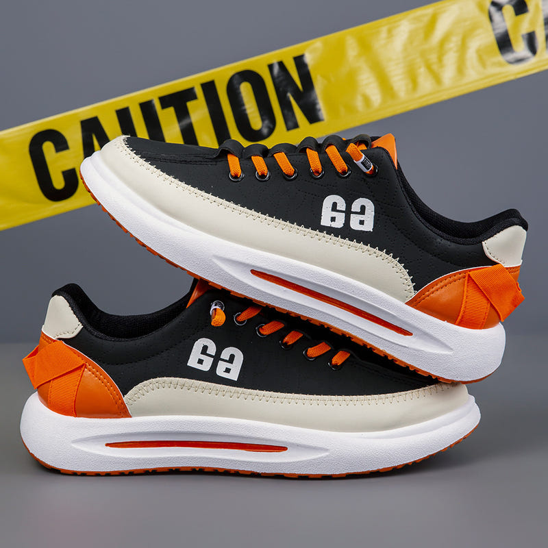 Men's lace-up sneakers in beige and black with orange accents, thick white sole