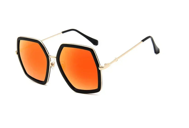 Oversized square fashion sunglasses with orange lenses and black temple arms.