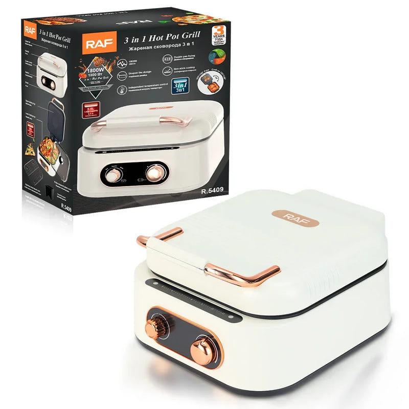 3-in-1 electric hot pot grill cooker box and white appliance with copper handle