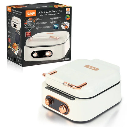 3-in-1 electric hot pot grill cooker box and white appliance with copper handle