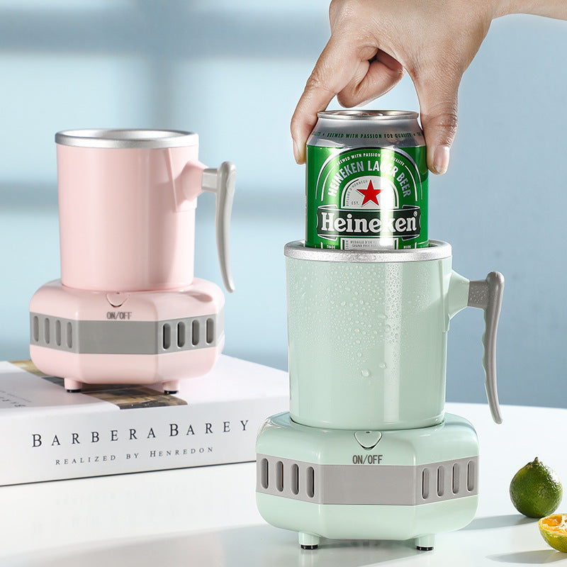 Two mini refrigerators, one pink and one green, with a hand placing a Heineken can on the green one.