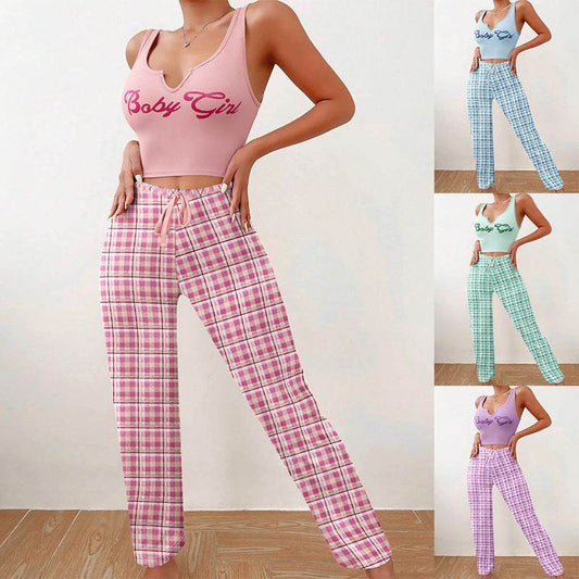Spring Summer Women's Casual Pajamas Home Wear Vest Color Matching Plaid Trousers Letter Print Top Ladies 2 Pcs Home Clothes Sleepwear - YAXSO