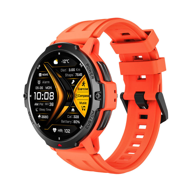 GPS waterproof smartwatch with bright orange silicone strap and round display face