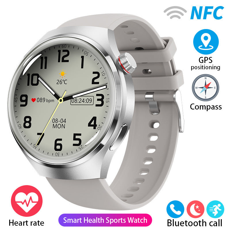 Round smartwatch with silver case and light gray silicone strap showing time and health