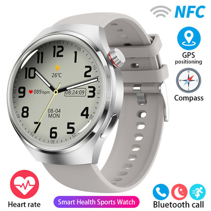 Round smartwatch with silver case and light gray silicone strap showing time and health