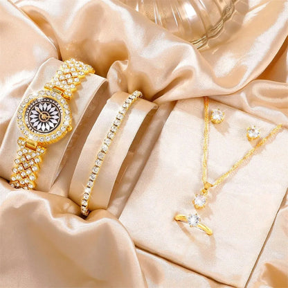 Quartz watch jewelry set with gold watch, crystal bracelet, and gold star necklace