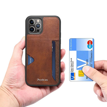 Brown leather card phone case with front card pocket and textured side sleeve