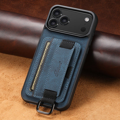 Blue iPhone case with front card slot and strap holder, metal ring buckle at bottom