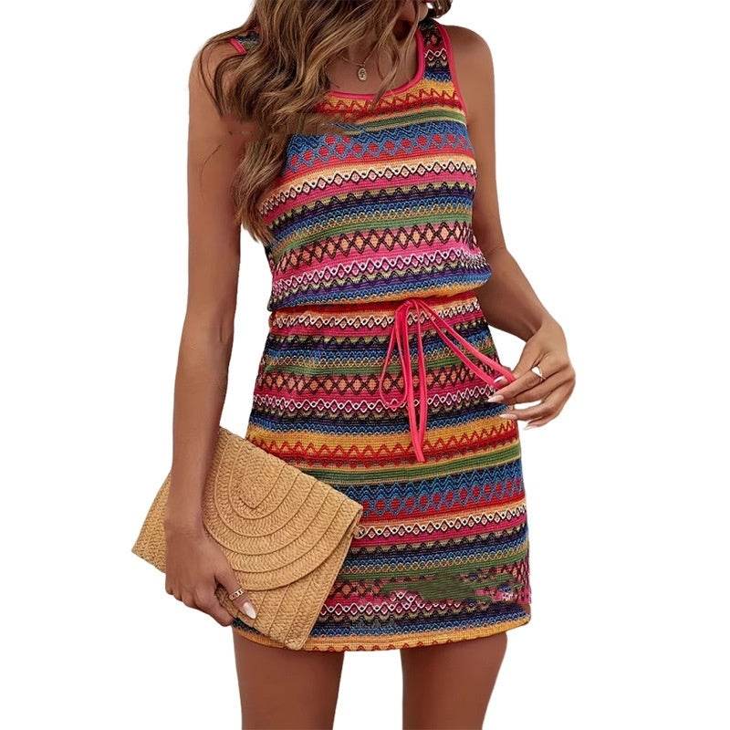 Leisure Vacation Striped U-shaped Square Collar Sleeveless Dress - YAXSO