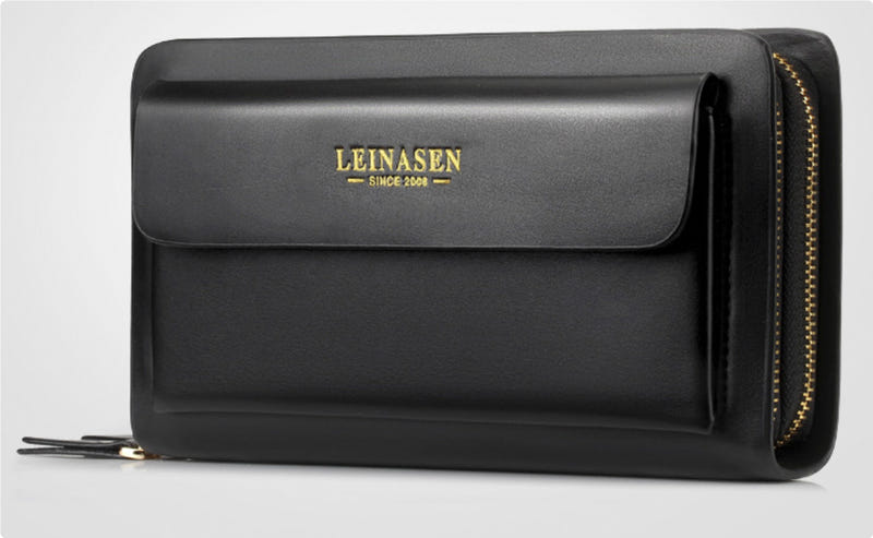 Black leather mobile phone handbag with top flap and gold-tone zipper detail