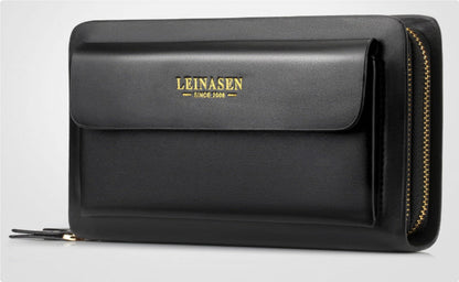 Black leather mobile phone handbag with top flap and gold-tone zipper detail