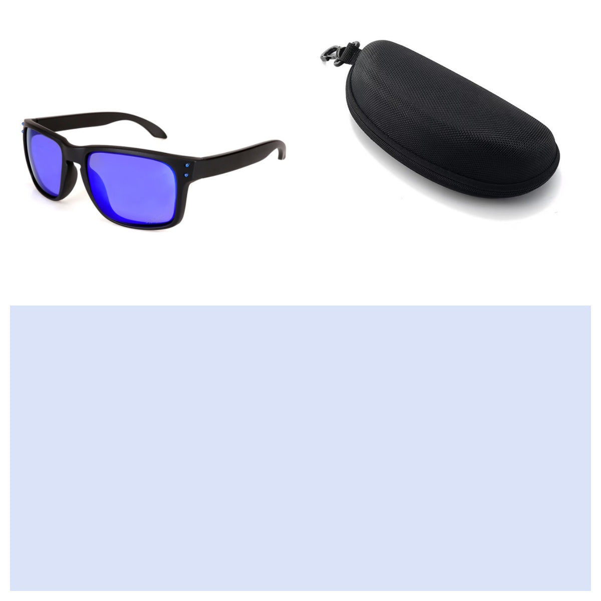 Black sunglasses with blue lenses and a black case on a white background