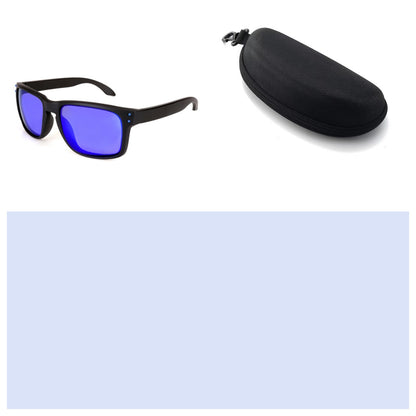 Black sunglasses with blue lenses and a black case on a white background