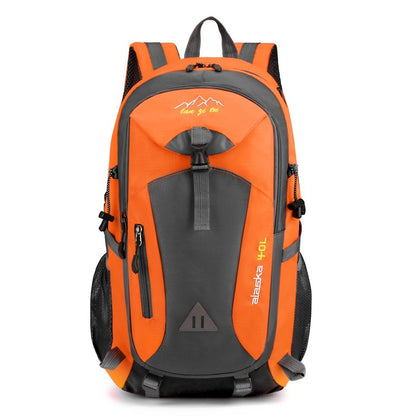 Orange and gray backpack with visible brand logo on a white background