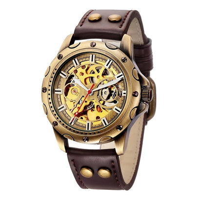Bronze-tone automatic skeleton watch with brown leather strap, gold skeleton dial front view