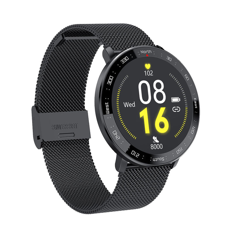 Smart watch with black mesh band and round dark touchscreen display