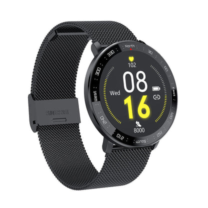 Smart watch with black mesh band and round dark touchscreen display
