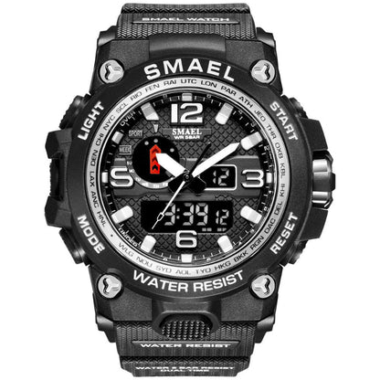 Black SMAEL watch with digital and analog display on a white background